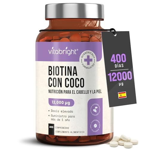 Biotina Para el Cabello, Piel y Uñas Ultra Fuerte 12.000 µg Pastillas | Suministro para 1 Año | Biotina con Coco Anticaida y Crecimiento Cabello Mujer | B7 Vitaminas Para el Pelo | VitaBright Biotin
