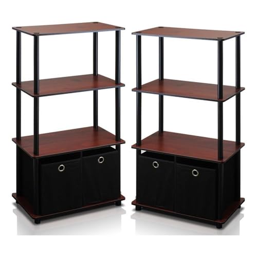 Image of Furinno GO GREEN Storage Shelf Set of 2, 4-Tier Storage Rack with Bins, Book Shelf, Display Rack, with Storage Bins, for Organization and Storage, Living Room, Home Office, Dark Cherry