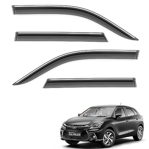 Image of Car Compatible Wind Deflectors Rain Guard Door Visor for Toyota Glanza (2022 Onwards Model) - Chrome Lined, Polycarbonate, Smoke, Set of 4 Pcs