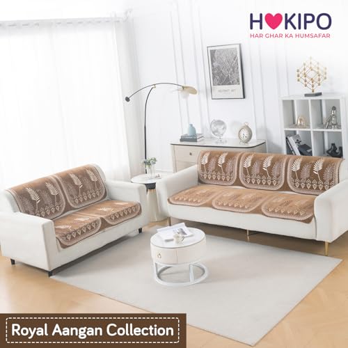 Image of HOKIPO Bagh Brown Premium Chenille Jacquard Sofa Cover 5 Seater - (3+2) for Seat & Back | 'Royal Aangan Series' (IN-1008-L6*2 + IN-1007-L6*2)