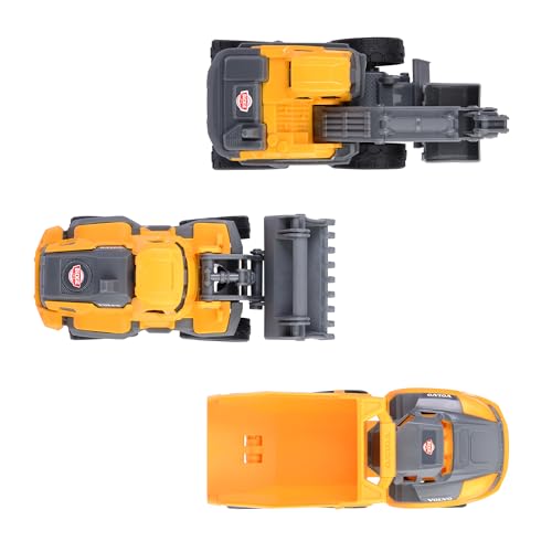 Dickie Toys Volvo Construction Set (je 16 cm) - 3 Baustellenfahrzeuge für Kinder mit Bagger Spielzeug, Radlader & Kipplaster, mit Freilauf ab 3 Jahren - 203722015