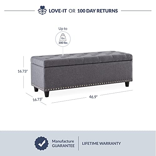Belleze 47 Inch Storage Ottoman, Button-Tufted Ottoman Linen Storage Bench With Safety Close Hinge, Ottoman With Storage For Living Room, Entryway, Hallway, Foot Rest, Support 300Lbs - Gray #TOP2