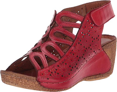 Image of Spring Step Inocencia Women's Leather Wedge Sandals | Low Heel Sandals for Women with Floral Laser Cut Design, Hook and Loop Strap, Mediterranean Style