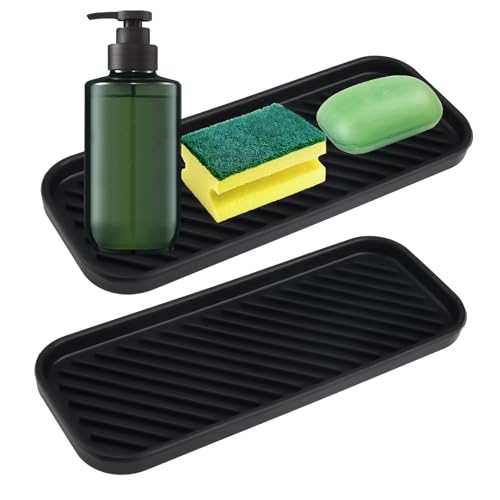 2 Pièces Porte Éponge en Silicone, Organisateur D'évier pour Cuisine, Support Évier pour Rangement Éponges, Produit Vaisselle, Savon - 23x9cm (Noir)