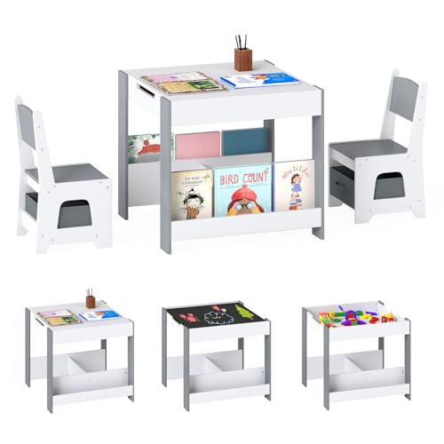 COSTWAY Mesa y Silla Infantil 4 en 1, Mesa Infantil con 2 Silla de Madera, Tablero Reversible, Estantes para Libros y Cajones, Pupitre para Niños para Sala de Juegos, Aula o Guardería (Gris)