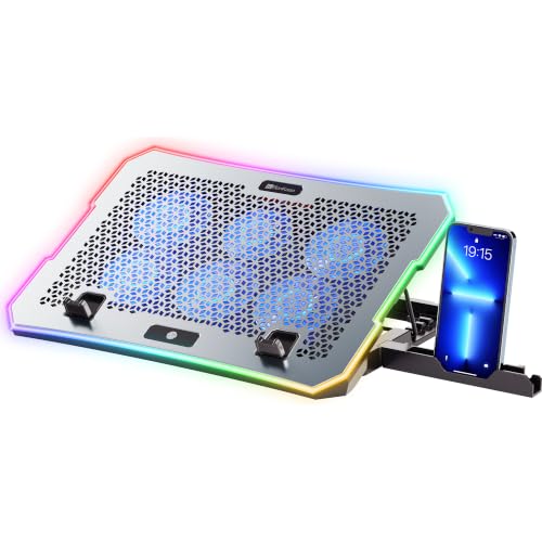 Image of Bonkaso Laptop Cooling Pad with 6 High-Speed Fans, Up to 2400 RPM, 10 RGB Modes, Fan Speed Dial, 4-Level Adjustable Stand, Dual USB Extender, Phone Holder, Iron Mesh, Anti-Slip Stoppers
