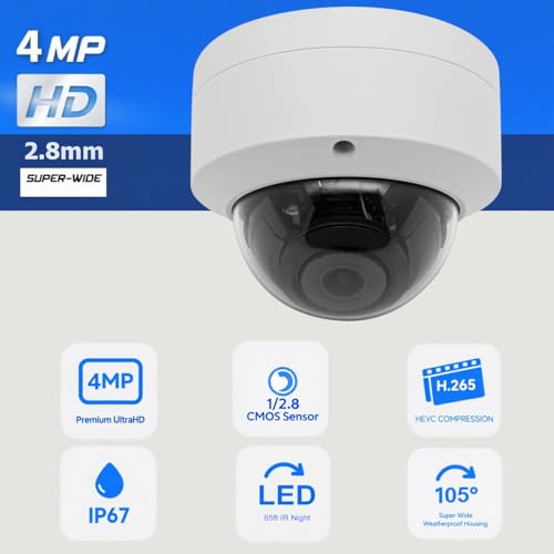4MP PoE IP Vandal Dome Camera Outdoor/Indoor, IP Security Camera, 65ft Night Vision, IP66 Waterproof, 2.8mm Wide Angle Lens, 24/7 Recording, NDAA Complaint (Regular IR)
