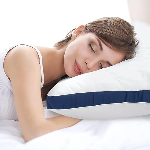 Image of Microfiber Pillow | Gusset Pillow for Sleeping | Luxury Hotel Quality Pillows | with White Micro Peach Fabric & Navy Blue Patti | Size 17 X 27 inches | Set of 2 Peice