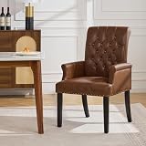 WUTUTUEE PU Leather Dining Chair with Arms, Upholstered Tufted High Back Dining Room Chairs, Accent Armchair with Solid Wood Leg and Nailhead Trim, Kitchen Dining Living Room, Coffee