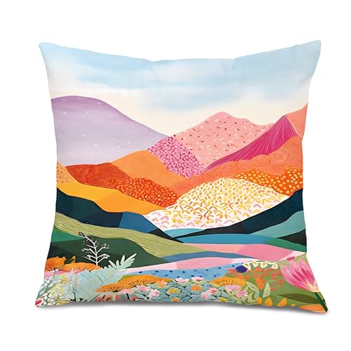 XUNLURY Abstract Colorful Boho Mountain Landscape Throw Pillow Covers 18x18, Maximalist Flowers Mountain Wildflowers Scenery Decorative Pillow Covers for Home Bedroom Living Room