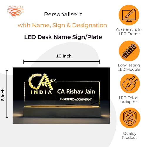Image of Customized LED Name Plate for Office Desk Table Name Sign Gift For CA Chartered Accountant Aspirants Student Motivational decor Size (10 x 6 inch) (For CA (Chartered Accountant)