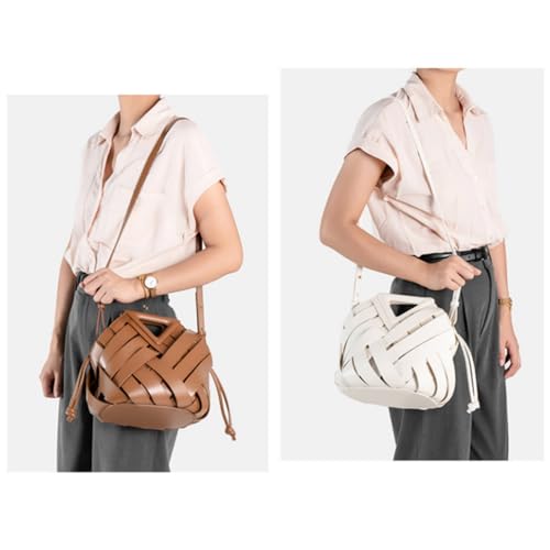 Woven Bucket Crossbody Bags for Women, Retro Leather Tote Handbag Top-handle Hobo Purse Inverted Triangle Shoulder Bag3