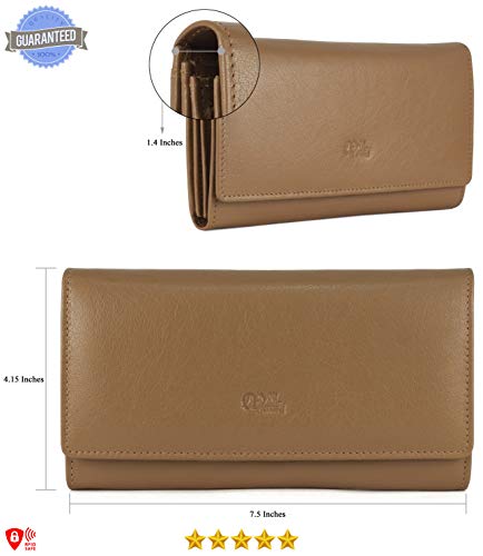 Image of Women's Top Grain Leather Wallet, RFID Blocking Bifold clutch, 17 Card Slots, Zip Pocket Organizer, Elegant Gift for Women - Birthday, Valentine, Anniversary - BEIGE