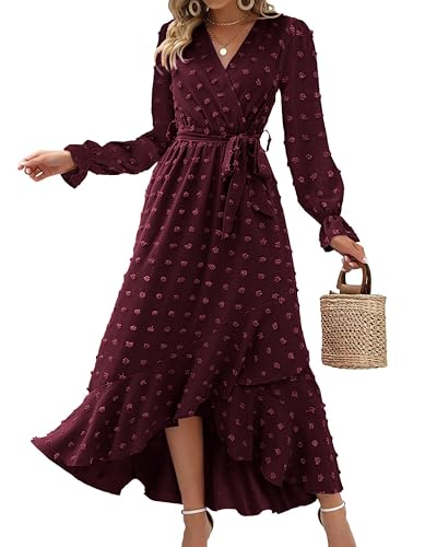 IFFEI Damen Casual Lang Langarm Herbst Sleeve Rüschen Rückenfreies Boho Strandkleid Trendy Lang Kleid Red XL