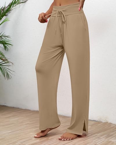 Neer 3 Pack Women's Lounge Pants Wide Leg Yoga Sweatpants with Pockets High Waisted Drawstring Lounge Loose Workout Jogger(Small,Purple, Khaki, Black)