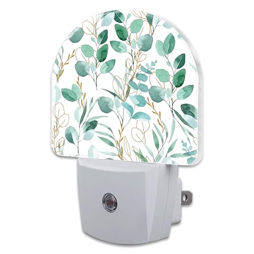 Image of Green and Gold Eucalyptus Leaves Night Light Plug into Wall,Watercolor Botanical Leaves Dusk to Dawn Night Light,0.5w Energy Saving Sleep Friendly Nightlights for Kids Boys Girls Home Decor