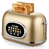 Roter Mond 2 Slice Toaster Smart Touch Screen, Retro Stainless Steel Bread Toaster with Digital Timer, Sleep Mode, Bagel, Cancel, and Defrost Functions, 6 Bread Types and Shade Settings, Gold