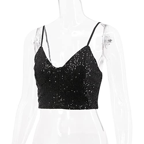 Haoohu Women's Sparkly Sequin Spaghetti Strap Crop Top Sleeveless V Neck Rave Tank Vest Clubwear4