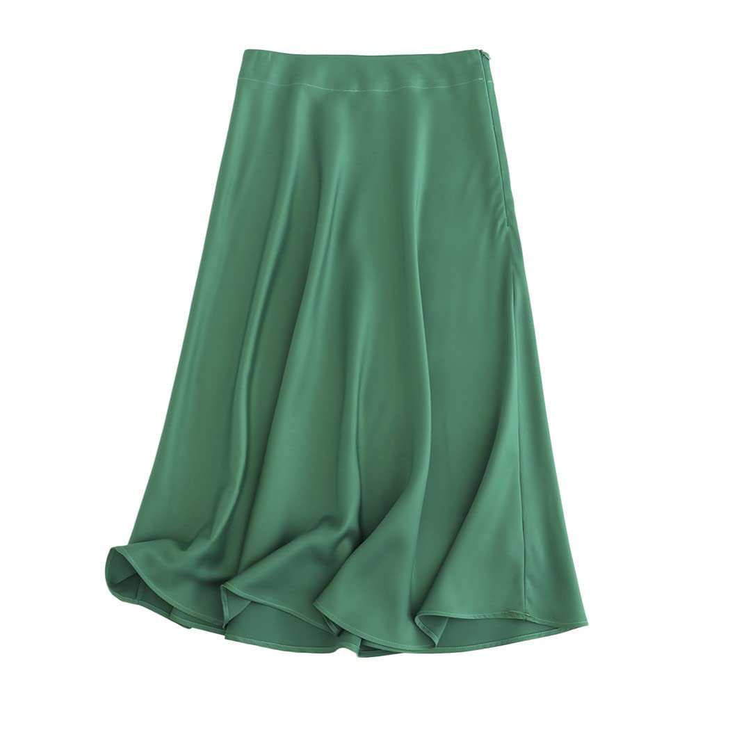 Jupe midi en satin vert uni avec fermeture éclair latérale pour femme