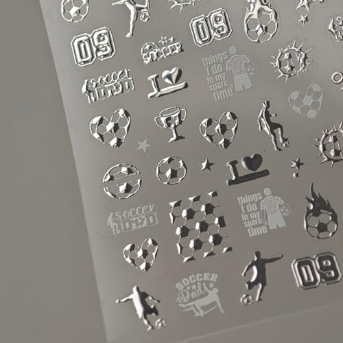 Image of Soccer Nail Stickers World Cup Nail Art Stickers Football Player Nails Decals with Silver Metallic Design 5D Self Adhesive Sports Nail Charms Supply for Women DIY Manicure Decoration
