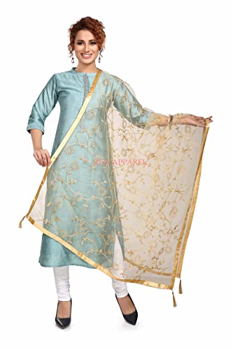 Image of ZEN APPAREL Women's Embroidered Net Dupatta with Lace Borders (Z-101) Premium Net Fabric Golden Aari Work