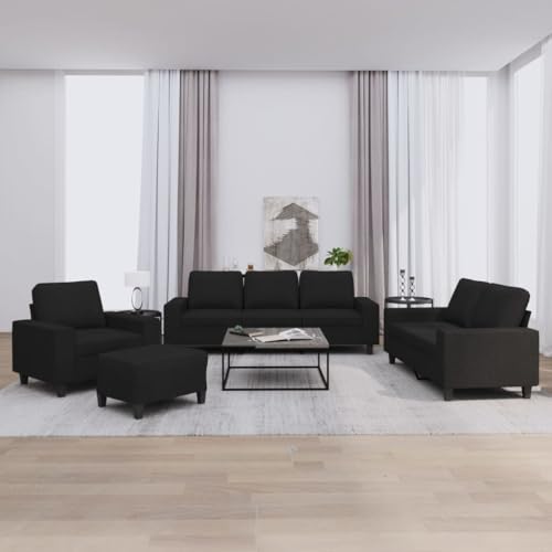 Yunovire Juego de 4 piezas de sofá de tela negra, estructura de madera contrachapada de metal resistente, cómoda experiencia de asiento para salón, incluye sillón, 2 plazas, sofá de 3 plazas y