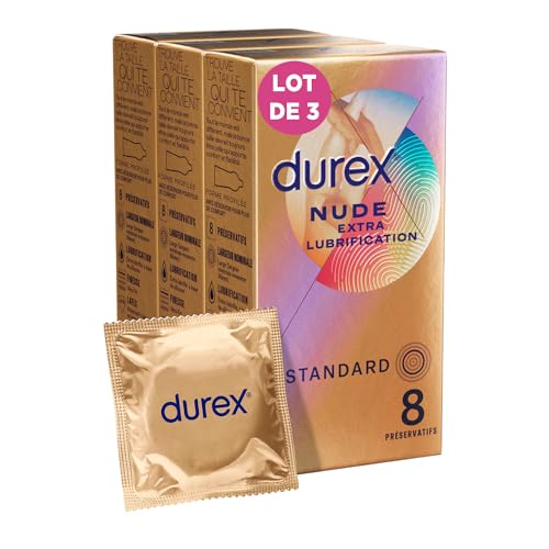 DUREX Lote de 3 preservativos nude extra lubricación, 8 preservativos Ultra finos