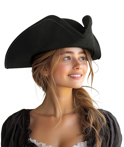 UQJE Authentic Pirate Hat for Women Adult Leather Tricorn Hat Halloween Colonial Costume Accessory-black