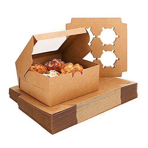 EUSOAR Muffins Boxes 4 Count, 50pcs Muffin Containers Cupcake Boxes with Insert and Display Window, Natural Color Kraft Cupcake Carrier Fits 4 Cupcakes or Muffins (6.4" x 6.3")
