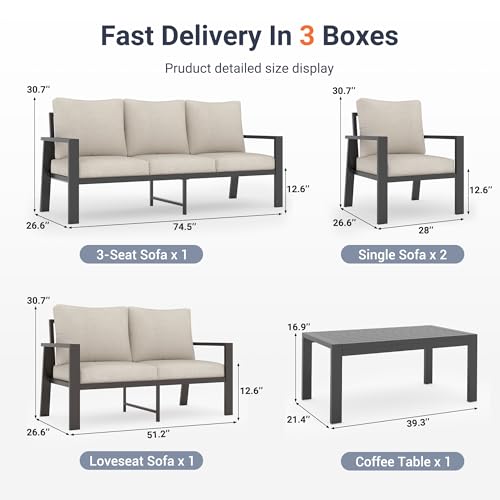 Image of UDPATIO Aluminum Outdoor Patio Furniture Set 5 Pieces Metal Patio Conversation Sets Modern Sofa Seating Set with Coffee Table for Deck,Garden Backyard, Beige