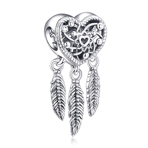 Annmors Charms Three Feathers Dream Catcher Bead Charm Donna Argento Ciondolo a Forma di, in Argento Sterling 925, Compatibile con Braccialetti e Collane Europei