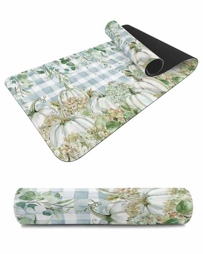 Debedcor Heat Proof Table Pads Waterproof Decorative, Green Pumpkins Non-Slip Table Countertop Protector, Autumn Floral Eucalyptus Blue Plaid Insulation Mat for Dining Room, 48 x 12 Inches