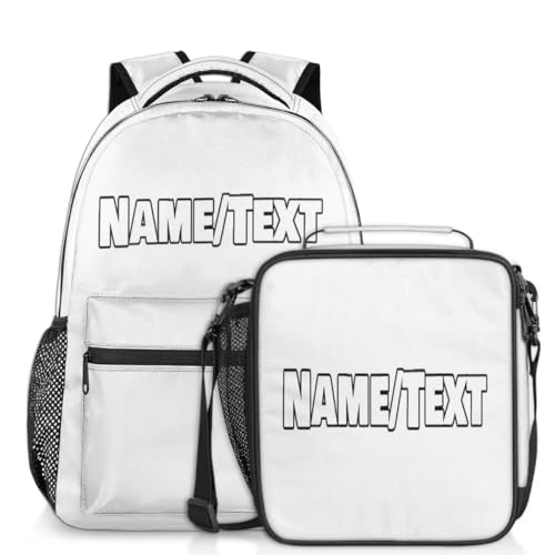 Customized Backpack with Lunch Box White Travel Backpack Bookbag & Lunch Bag Personalized Insulated Lunchbox Waterproof Daypack Laptop Backpack Freezable Lunch Bag