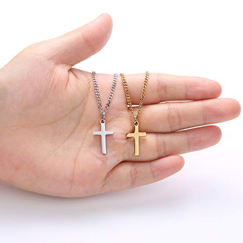Joxevyia Cross Necklace for Boy 14K Gold Filled Stainless Steel Small Cross Pendant with Cuban Chain Necklace Simple Faith Jewelry for Men Women Girls 16-24 Inches, Metal, Cubic Zirconia