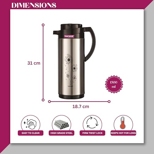 Image of Trueware Ruff Tuff 1800 Ss Insulated Flask - 1500 Ml | Insulated Tea Pot Kettle Water Jug | Hot & Cold | Leak-Proof Lid | Thermoware | Food Grade Plastic | High Grade Stainess Steel