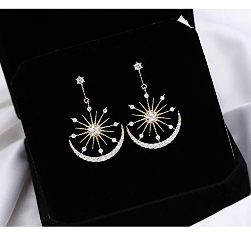Shiny CZ Crescent Moon Star Dangle Earrings for Women Girls 925 Sterling Silver Post Pin White Gold Plated Cute Crystal Charms Drop Dangling Stud Delicate Statement Jewelry Gifts Birthday Christmas Wedding4