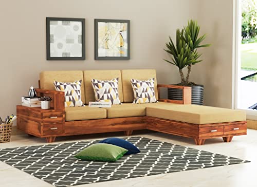 Image of Solid Sheesham Wood L Shape 5 Seater Sofa Set for Living Room, Wooden 5 Seater L Shape Sofa Set with Cushions (L Shape, Honey Finish)
