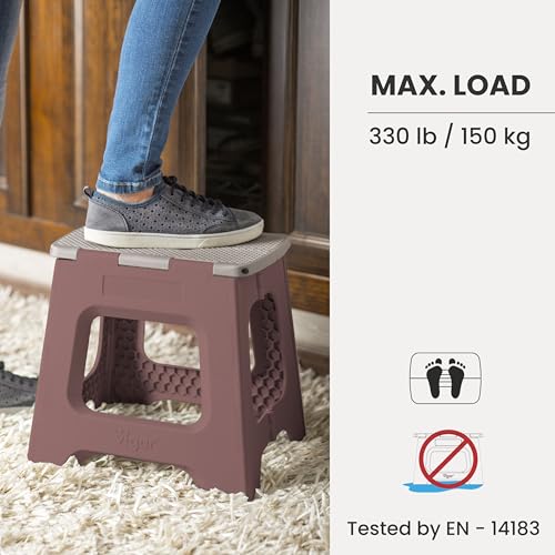 Image of Vigar Compact Foldable Step Stool, 10-1 /2-Inch, Brown | For Adults, Up to 330 Pound, Lightweight Stool, Non-Slip, Folding Design, Compact Size, Easy to Store