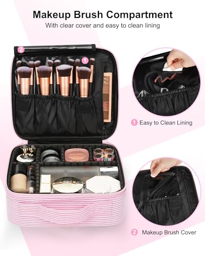 Image of Relavel Travel Makeup Train Case, Portable Cosmetic Case Makeup Organizer, Professional Artist Storage Bag with Adjustable Dividers for Cosmetics Brushes, Birthday Gifts for Girls, Pink Stripe