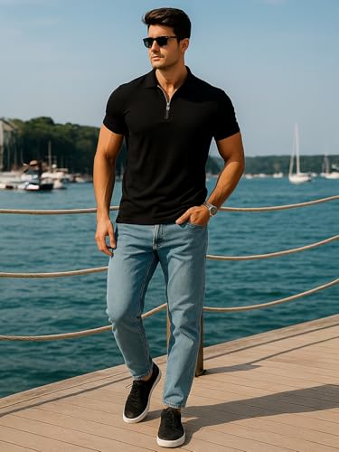 Image of Veirdo Men's Cotton Pique Polo | Premium Zip Neck Casual T-Shirt | Half Sleeve | Black Beauty, Serenity, Wheat, Zephyre