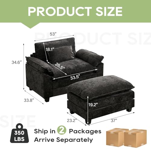 Image of Oprisen 53 inch Modular Sectional Sofa, Comfy Cloud Couch Sectional Sofa with Ottoman, Chenille Sofa Sleeper Deep Seat Sofa with Throw Pillows for Living Room (Black)