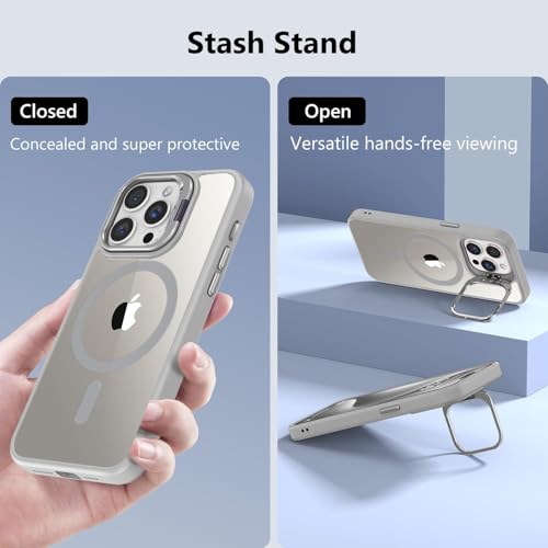 Image of VONZEE Clear Camera Kickstand Case for iPhone 15 Pro Max, Built-in Adjustable Camera Stand, Clear Magnetic Mag-Safe Shockproof Classic Series Phone Cover (Grey)