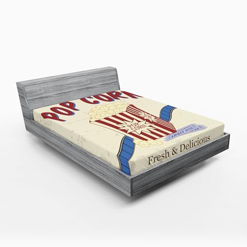 Ambesonne Movie Theater 2 Pack Fitted Sheet, Pop Corn Tickets, Bed Cover All-Round Elastic Deep Pockets 2 Pieces, Package Contains 2 Full Size Fitted Sheets, Ruby Cream