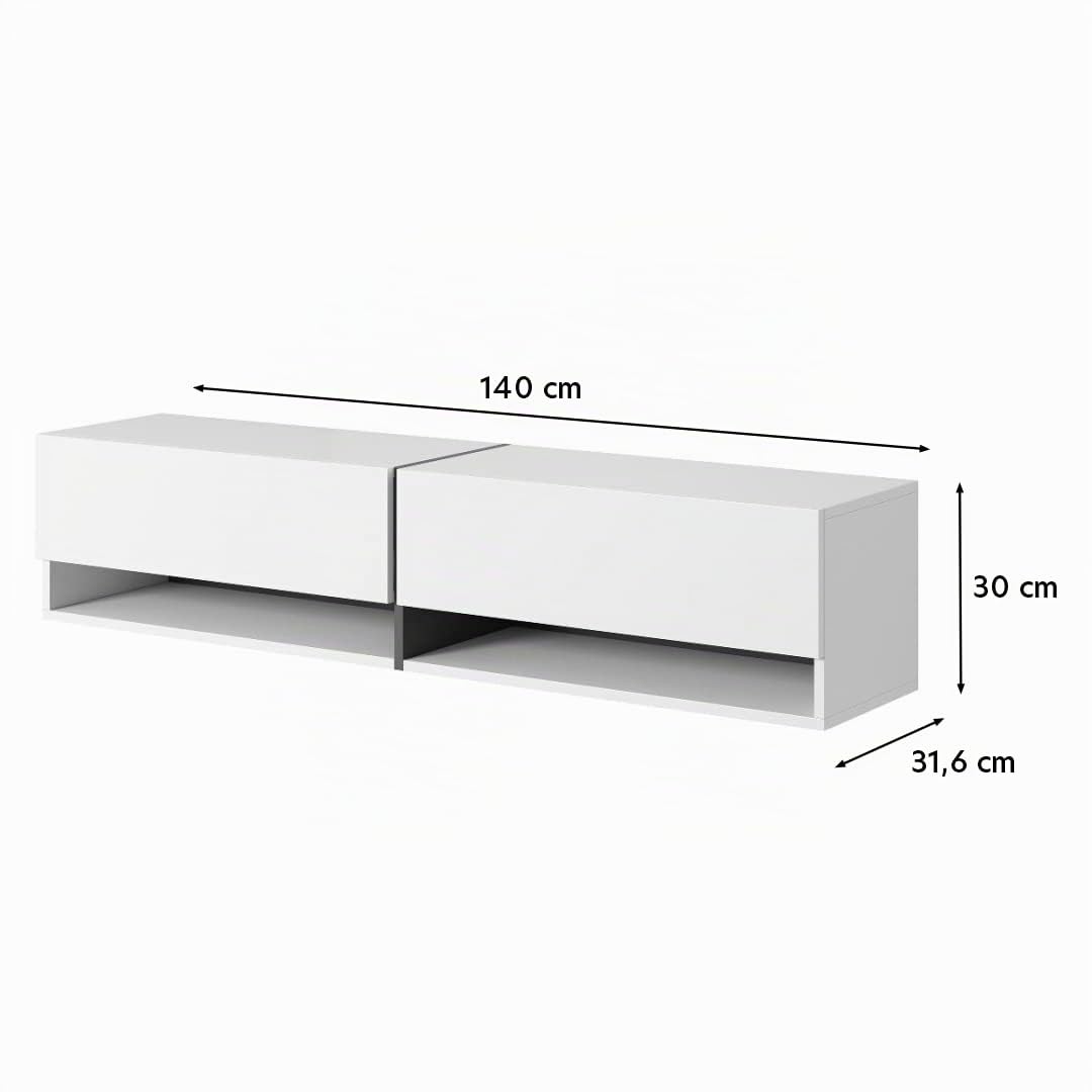 Selsey Mueble De TV Suspendido con 2 Puertas 2 Cajones Mesa De TV para Salón Dormitorio 140 cm Mármol Blanco con Inserción Dorada Mirrgo