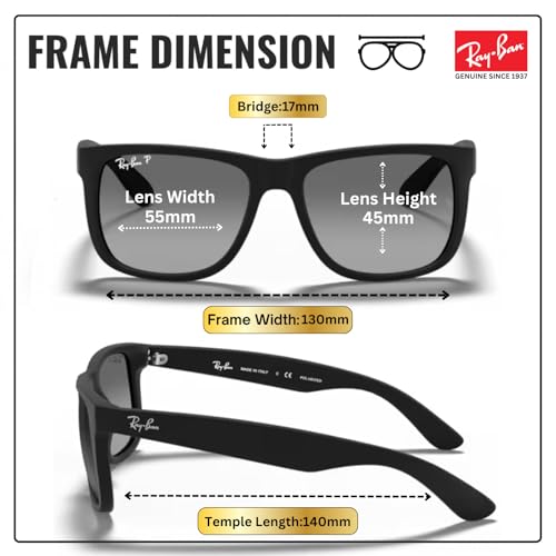 Image of Ray-Ban RB4165F JUSTIN CLASSIC LOW BRIDGE FIT Square Shape Sunglasses for Men with Official RayBan Eyewear Kit