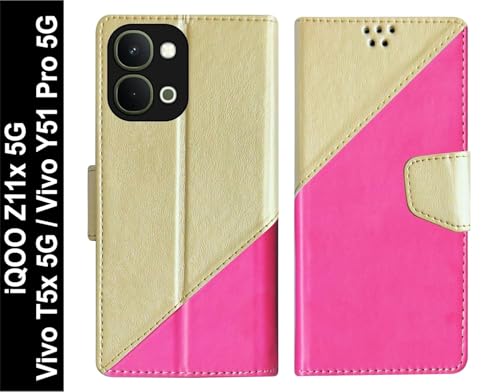Image of Cover for Vivo T5x 5G / Y51 Pro 5G / iQOO Z11x 5G, Wallet Style, Leather Finish, Magnetic Closure, Inbuilt Stand, Card Pocket (Golden&Pink)