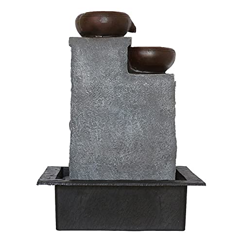 Image of Polyresin Table Top Designer Indoor 5 Artistic Steps Water Fountain for Living Room Home Decor with Yellow LED & Speed Controller Pump (Size: 40 x 29.5 x 22CM | Colour: Grey & Chocolate)