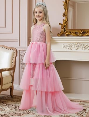 Girls Sequin Dress Halter Formal Pageant Prom Party Graduation Dress with Three Layer Mesh Size 5-14Y3