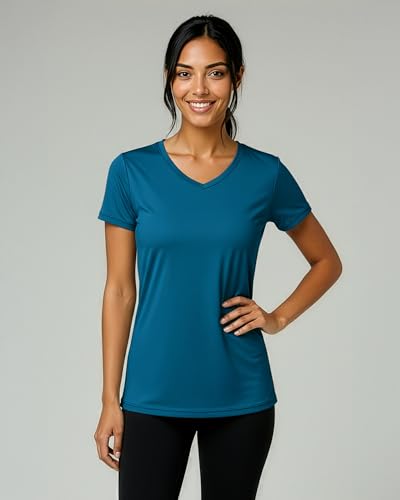 Image of Real Essentials 5 Pack: Women's Dry-Fit Short Sleeve V Neck T Shirt Workout Fitness Yoga Top Tee (Available in Plus Size)