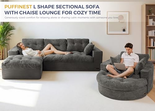 Image of MAXYOYO L Shape Sectional Sofa Couch and Round Chaise Lounge, Modern Cloud Couch with Ottoman, Comfy Sofa with Layered Cushion, Tufted Upholstered Sleeper Chair for Living Room, No Assembly Required